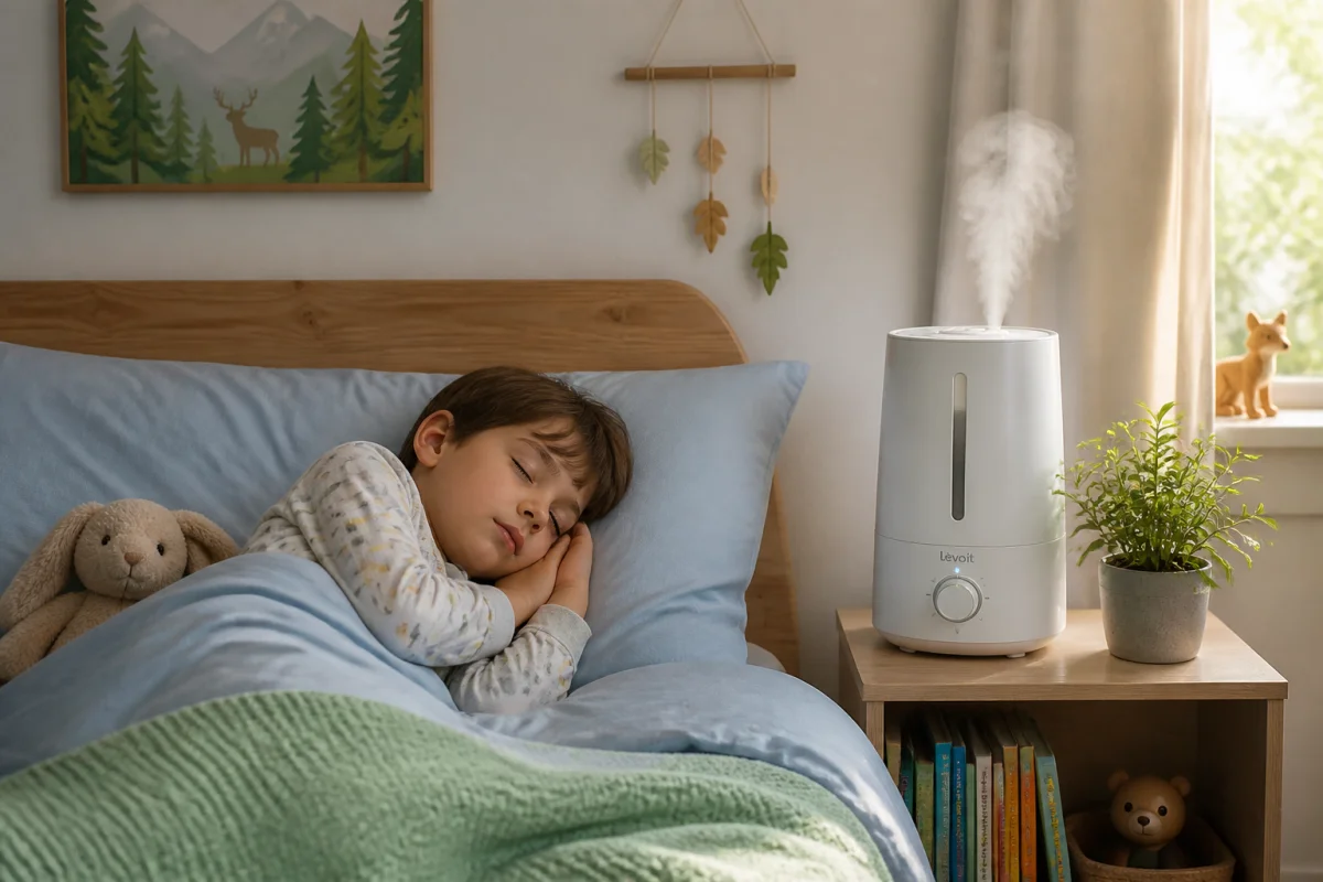 Jeune garçon dormant paisiblement dans sa chambre avec un humidificateur pour prévenir les saignements de nez nocturnes.