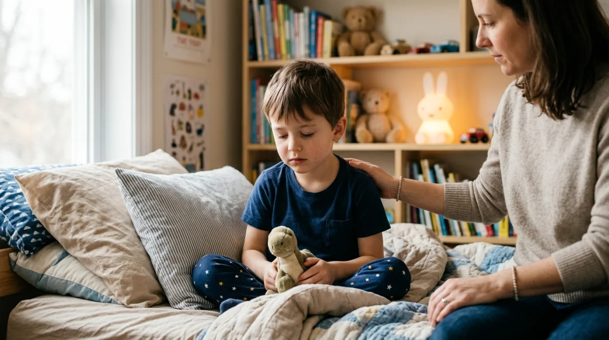 Un parent rassure son jeune fils exprimant un inconfort dans une chambre d'enfant chaleureuse et apaisante.