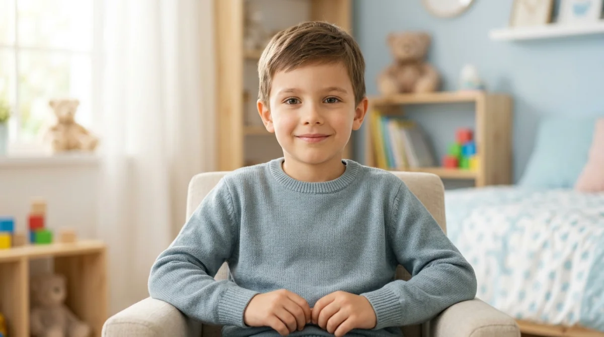 Jeune garçon serein et détendu dans une chambre lumineuse pour illustrer un article sur la santé infantile.