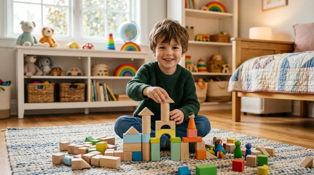 Jeune garçon souriant jouant avec des blocs de bois colorés dans une chambre lumineuse pour favoriser son éveil.