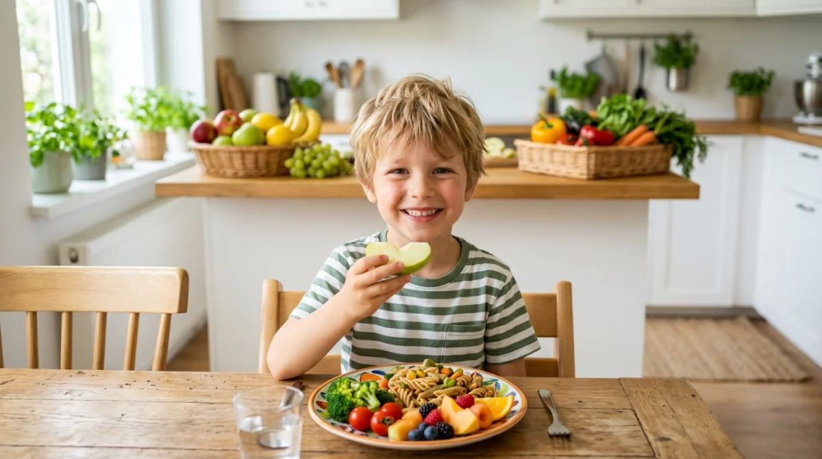 Jeune garçon souriant en bonne santé mangeant des fruits frais dans une cuisine lumineuse et moderne.