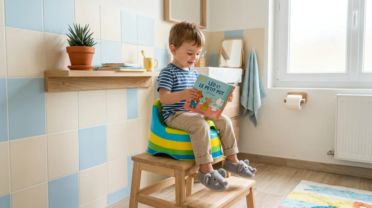 Jeune garçon serein lisant un livre sur un pot de toilette dans une salle de bain lumineuse.
