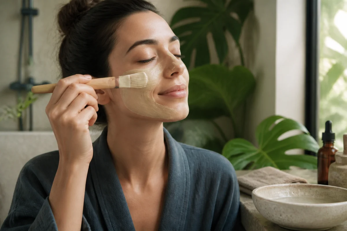 Femme rayonnante appliquant un soin naturel sur son visage dans une salle de bain zen, pour sante-equilibre.fr.