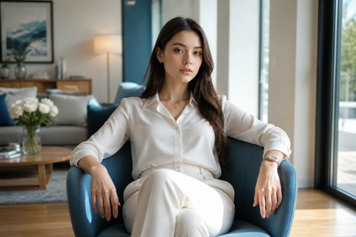 Jeune femme élégante au regard froid assise dans un salon moderne, illustrant une manipulatrice au visage angélique.