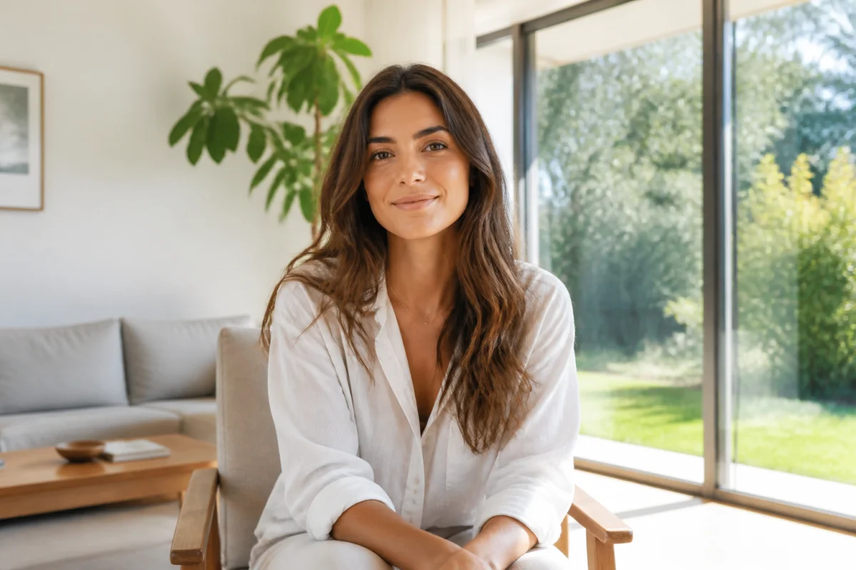 Jeune femme sereine assise seule dans un salon lumineux, illustrant le thème ma fille ne prend jamais de mes nouvelles.