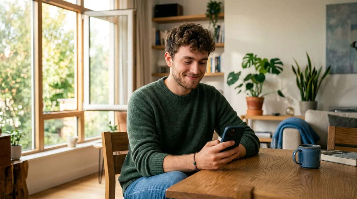 Jeune homme souriant et distrait par son téléphone dans un salon lumineux, illustrant mon fils est en couple et s'éloigne.