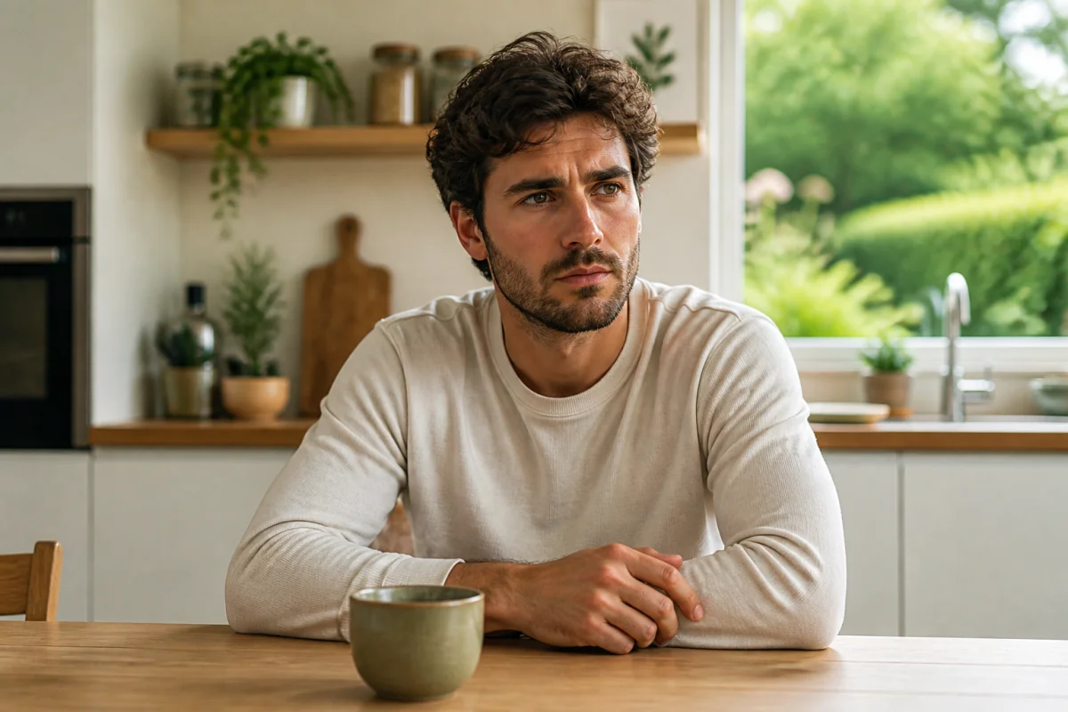 Jeune homme pensif assis seul à une table de cuisine, illustrant la réflexion face à la dépendance.