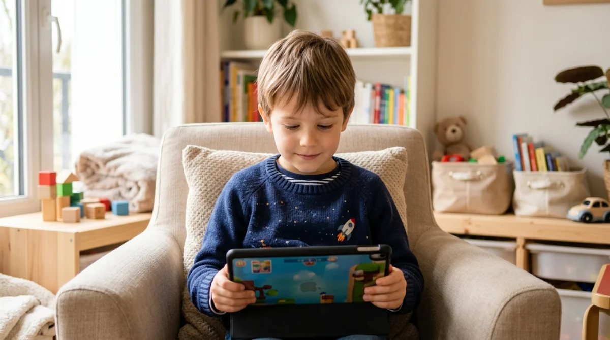 Jeune garçon de 7 ans regardant sereinement une tablette dans un salon lumineux et confortable.