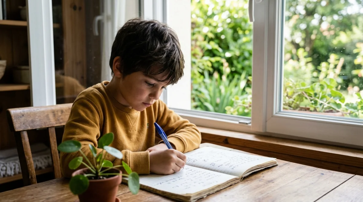 Jeune garçon concentré écrivant dans un carnet pour suivre les maux de tête quotidiens de mon fils.