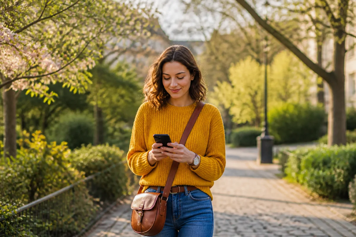 Jeune femme souriante marchant dans un parc verdoyant en consultant son téléphone, illustrant le thème ma fille ne prend jamais de mes nouvelles.