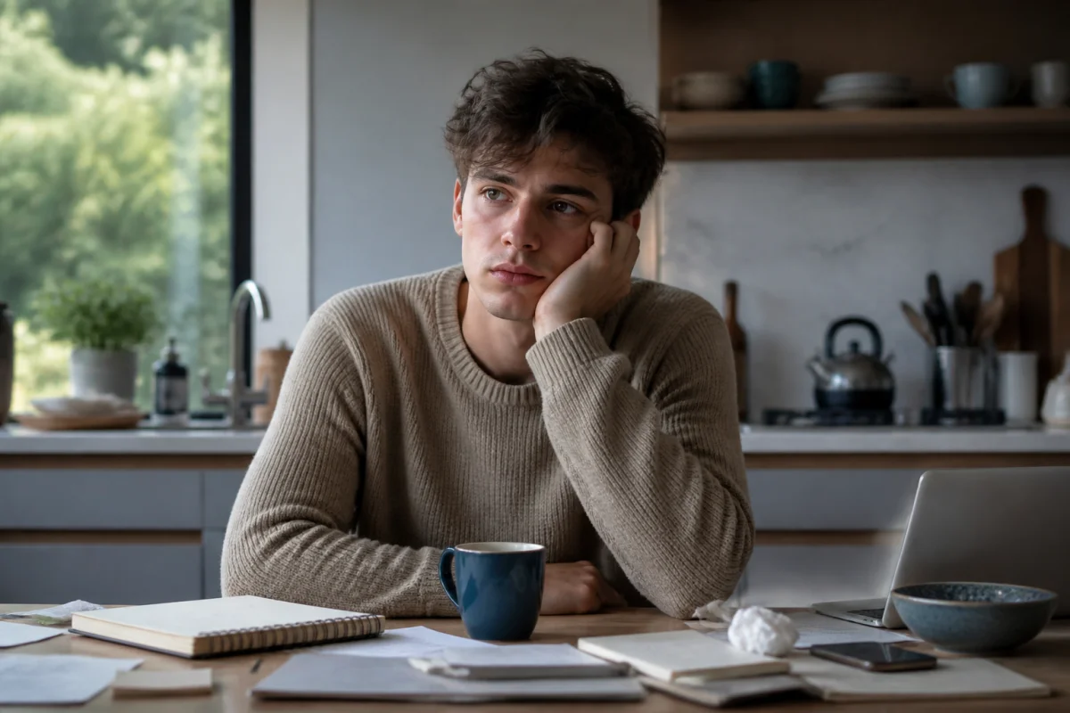 Jeune homme fatigué assis seul à une table de cuisine, illustrant la détresse face à la toxicomanie.