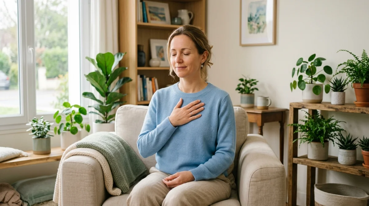 Mère pratiquant une respiration apaisante dans un salon lumineux pour gérer le quotidien avec un enfant TDAH.