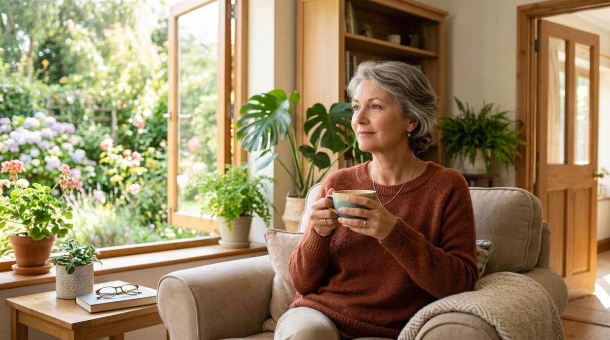 Femme sereine tenant une tasse de thé dans un salon lumineux, symbolisant la patience et l'apaisement intérieur.