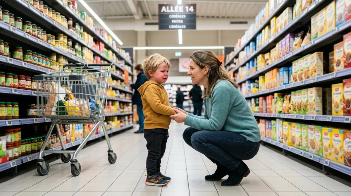 Une mère patiente s'accroupit pour apaiser son fils de 3 ans faisant une crise dans un supermarché.