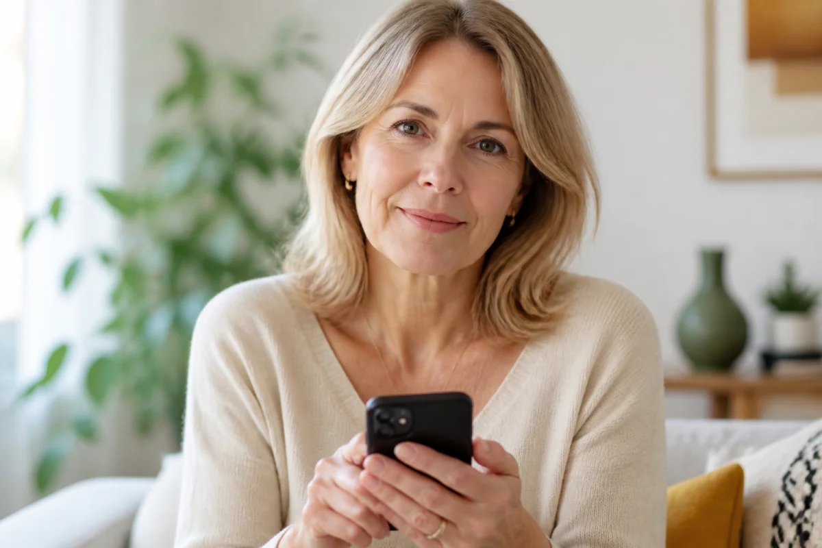 Femme sereine tenant un smartphone dans un intérieur lumineux, illustrant la recherche de communication avec sa fille adulte.