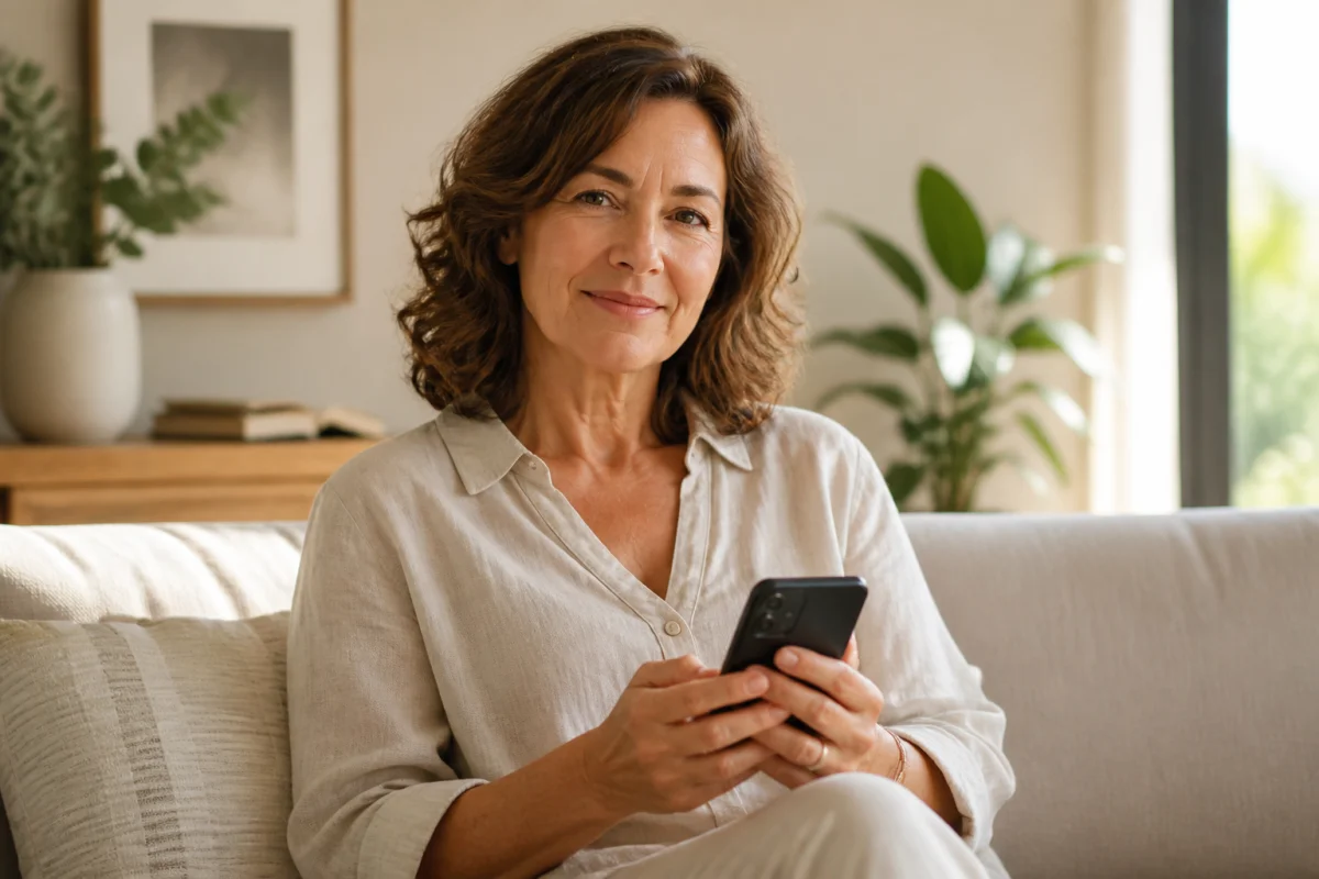 Femme sereine tenant son smartphone dans un salon lumineux, illustrant comment faire face quand sa fille adulte rejette.