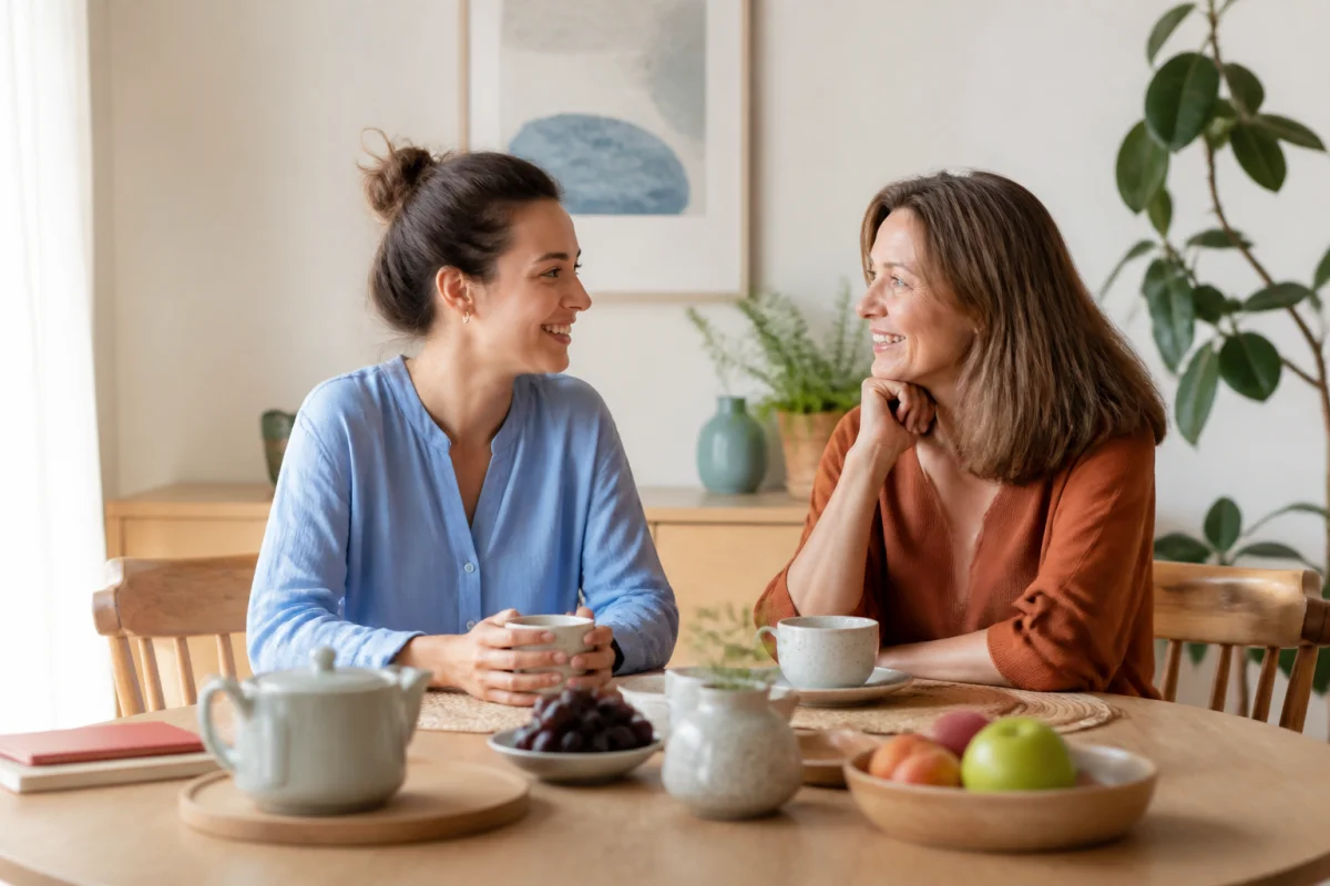 Une mère et sa fille discutent sereinement autour d'un thé dans une salle à manger lumineuse et harmonieuse.