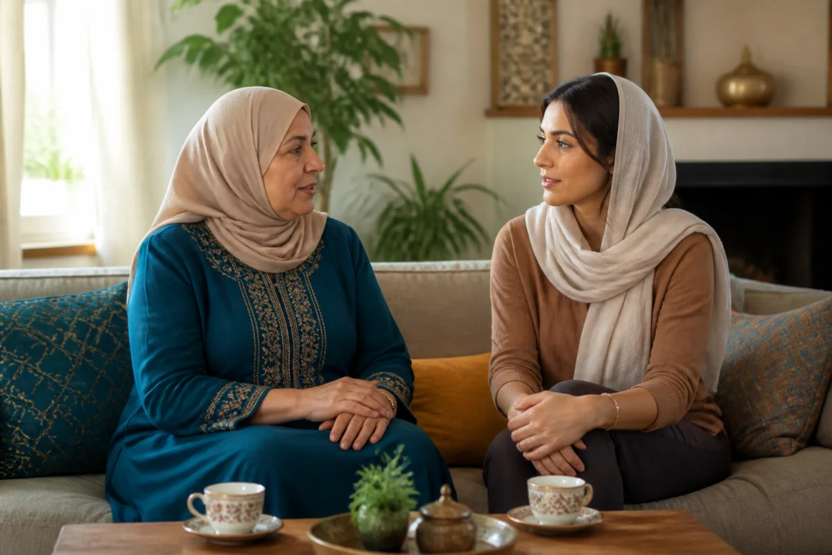 Mère et sa fille voilée discutant sereinement dans un salon lumineux pour aborder la conversion à l'islam.