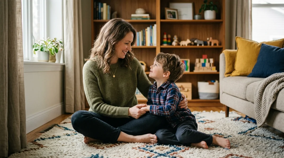 Mère et son jeune fils TDAH complices et apaisés après une réconciliation dans un salon chaleureux et lumineux.