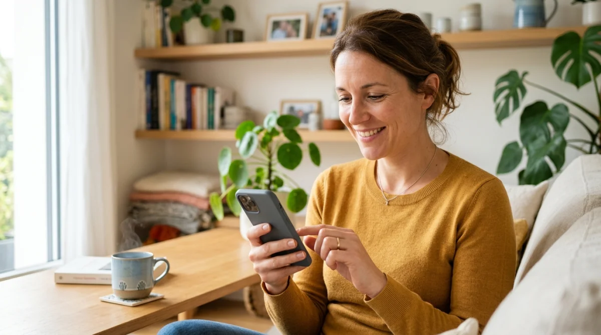 Une mère souriante envoie un message bienveillant sur son téléphone dans un salon lumineux, illustrant le lien familial.