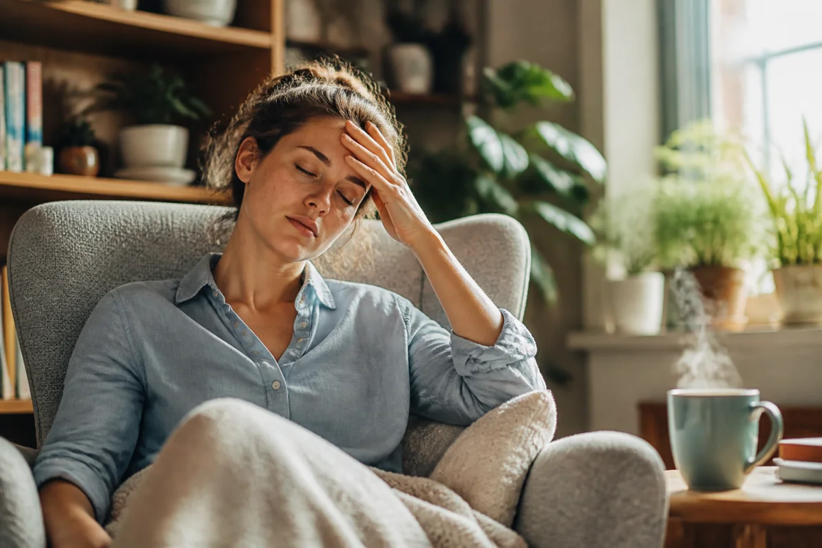 Parent épuisé se reposant dans un fauteuil lumineux, illustrant le besoin de récupération face au burnout parental.