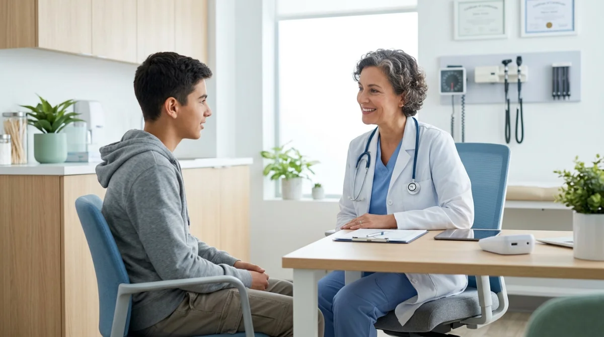 Pédiatre bienveillant discutant avec un adolescent dans un cabinet médical moderne pour une consultation de santé rassurante.