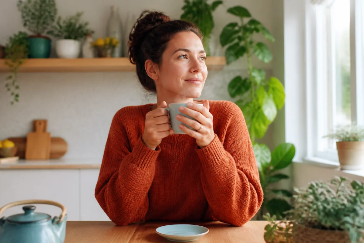 Personne détendue tenant une tasse de thé dans une cuisine lumineuse pour illustrer la récupération après un burnout émotionnel.