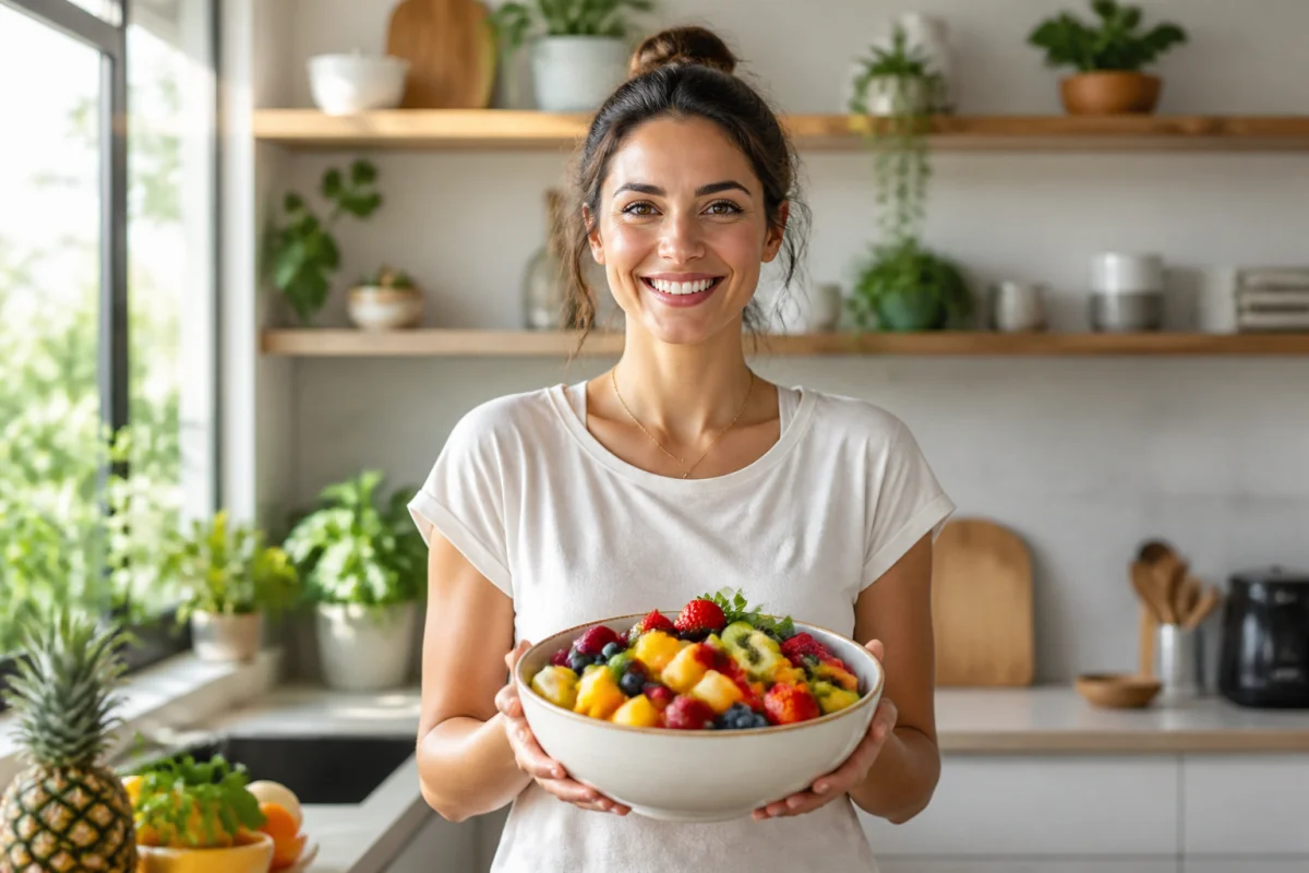 Personne souriante tenant un bol de fruits frais dans une cuisine lumineuse pour illustrer santé-equilibre.fr.