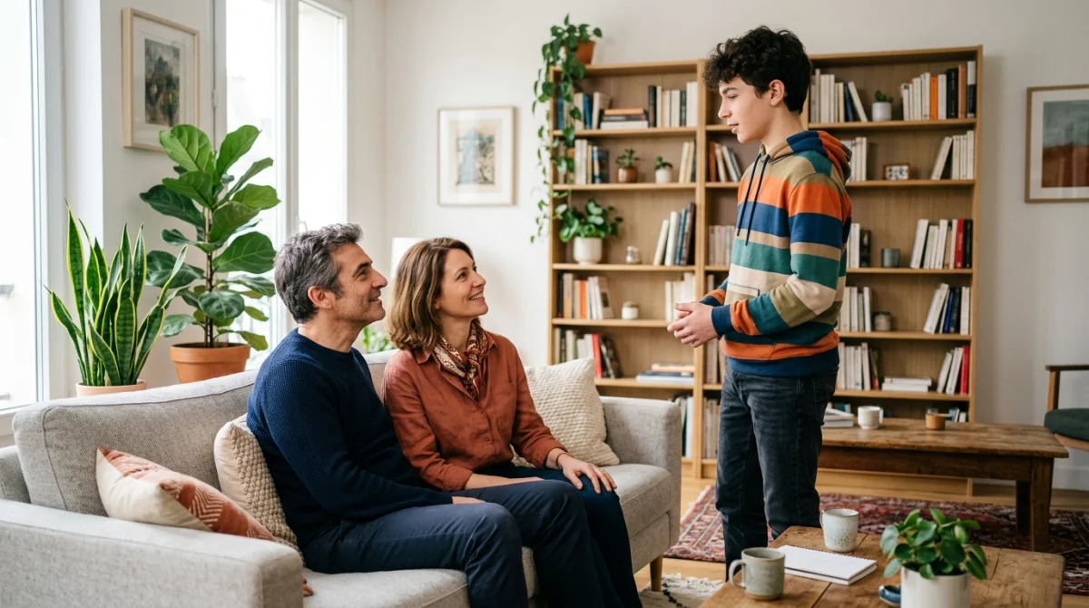 Couple discutant sereinement avec un adolescent dans un salon pour illustrer une séparation liée au beau-fils.