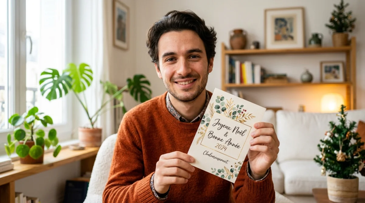 Jeune homme souriant tenant une carte de vœux dans un salon lumineux pour un joyeux anniversaire gendre.
