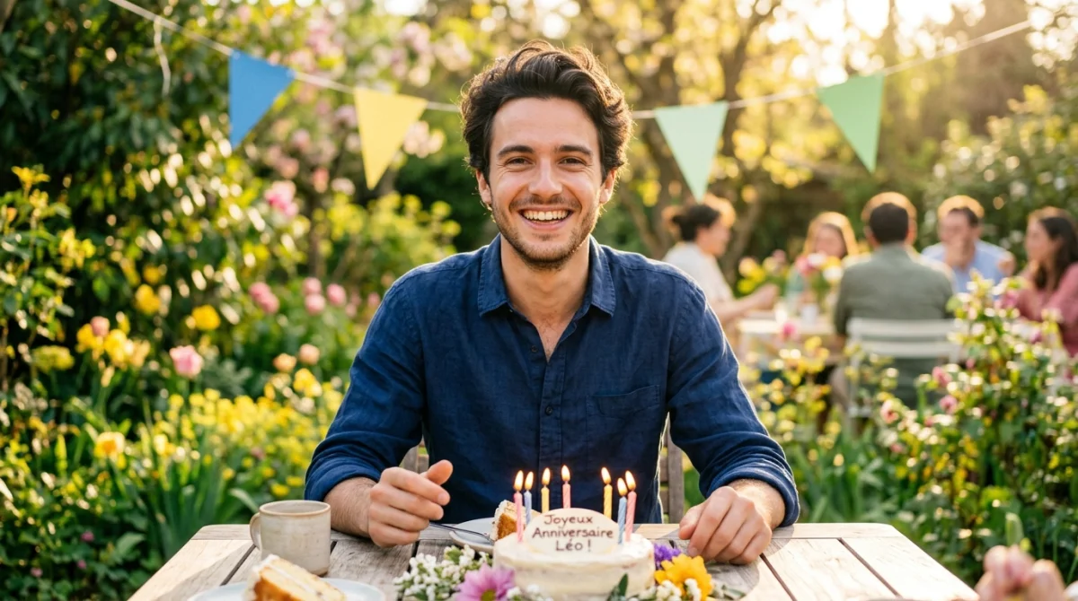 Jeune homme souriant en chemise bleue célébrant son anniversaire dans un jardin ensoleillé pour un texte touchant.