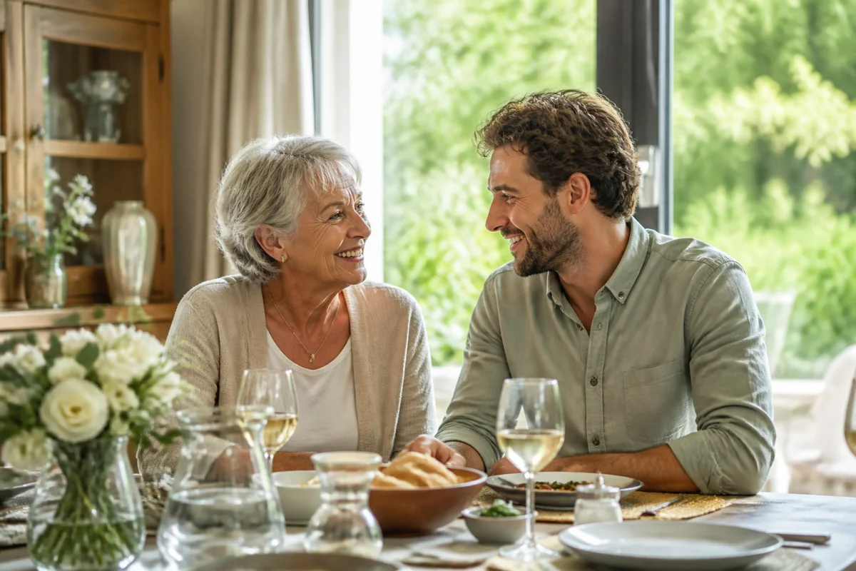 Une femme et son gendre discutent sereinement autour d'une table, illustrant une relation apaisée, mon gendre m'éloigne de ma fille.