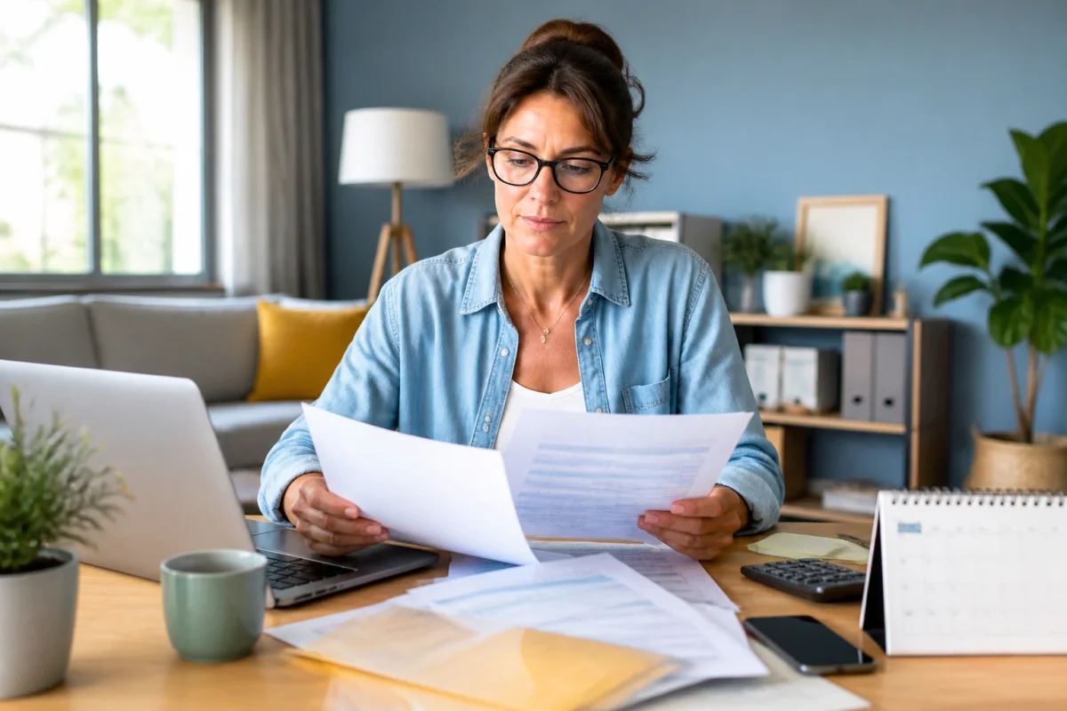 Personne en convalescence après un burn-out examinant des documents d’indemnisation et un relevé de salaire à son bureau