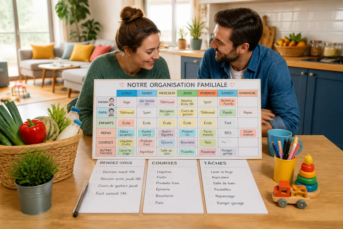 Couple organisant ensemble les responsabilités familiales autour d’un tableau de tâches dans une cuisine lumineuse