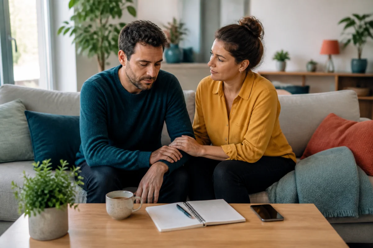 Couple assis dans un salon, l’un soutenant l’autre face au burn-out familial et à la fatigue quotidienne