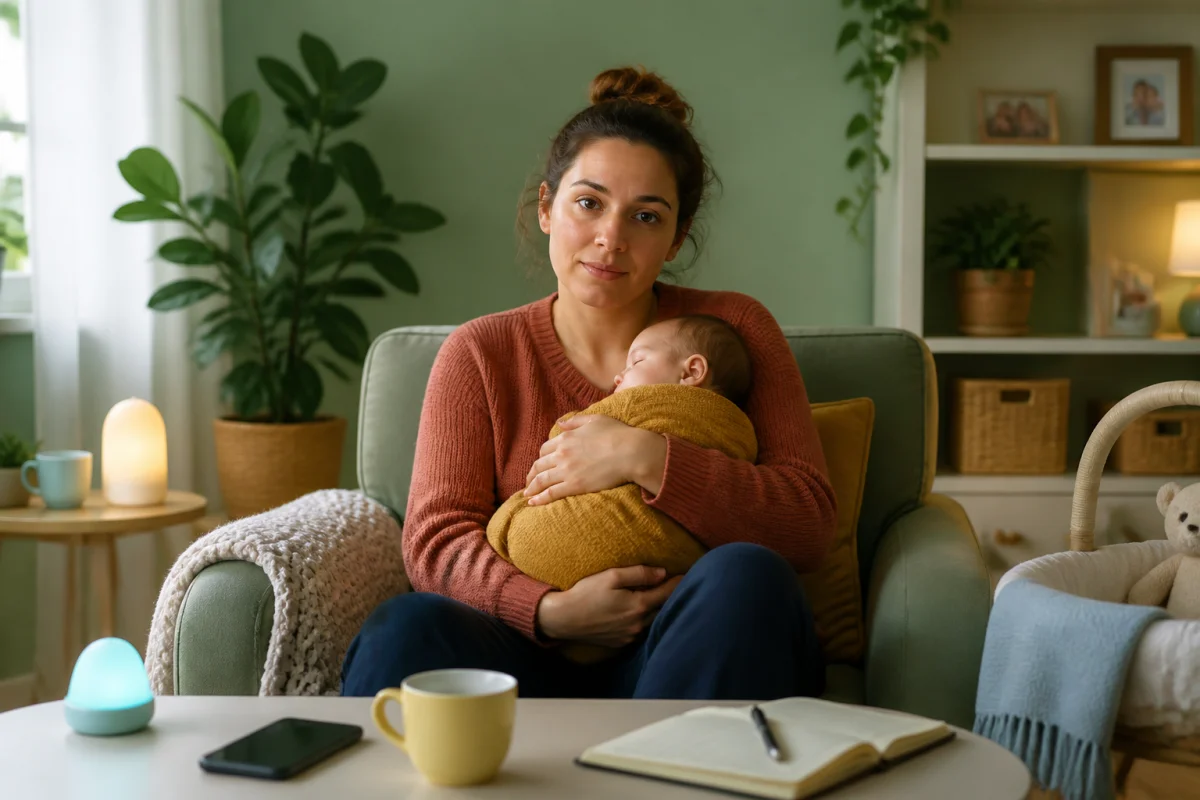 Jeune mère apaisée mais fatiguée tenant son bébé endormi dans un salon lumineux, évocation du burn out maternel