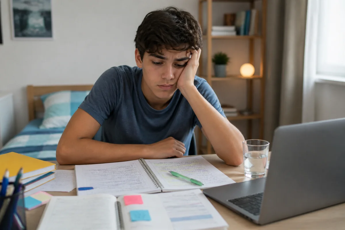 Adolescent fatigué à son bureau, entouré de cahiers et feuilles, illustrant les signes du burn out scolaire