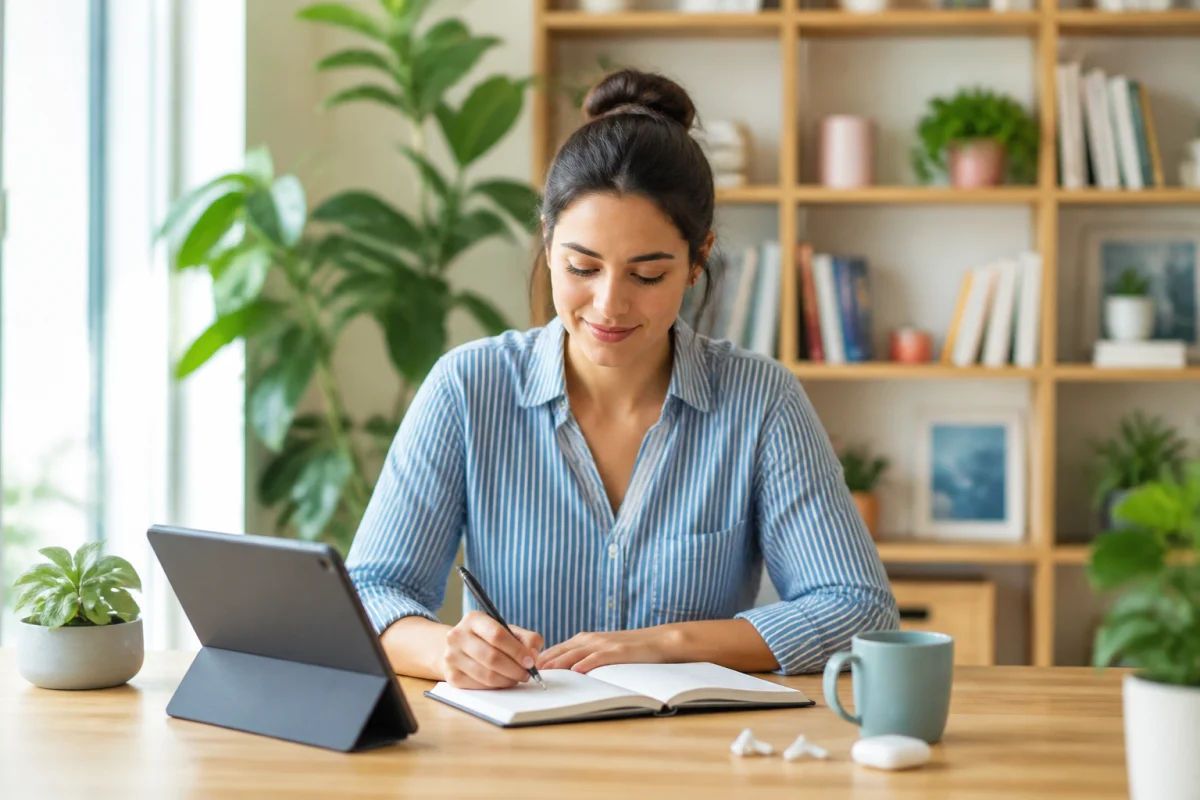Personne sereine travaillant dans un espace lumineux et végétalisé avec tablette, carnet et écouteurs pour santologie.fr.