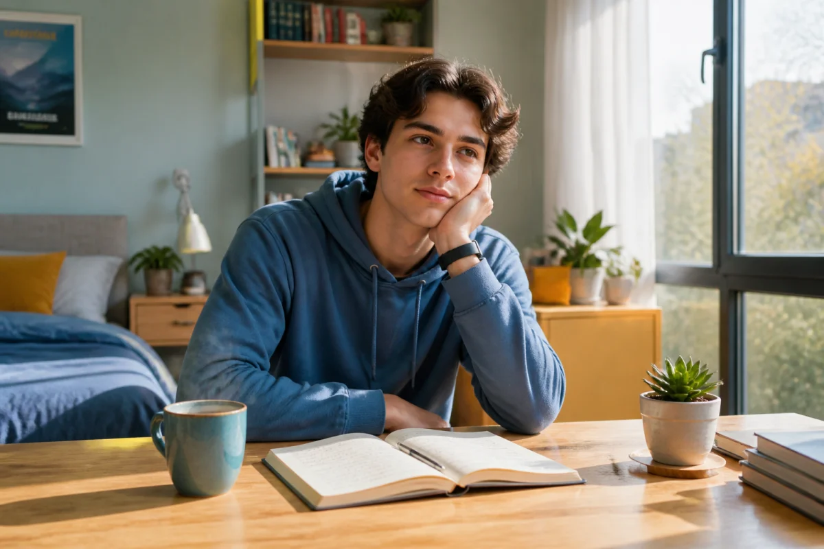 Étudiant réfléchi assis à son bureau dans une chambre lumineuse, illustrant la gestion du burnout étudiant au quotidien.