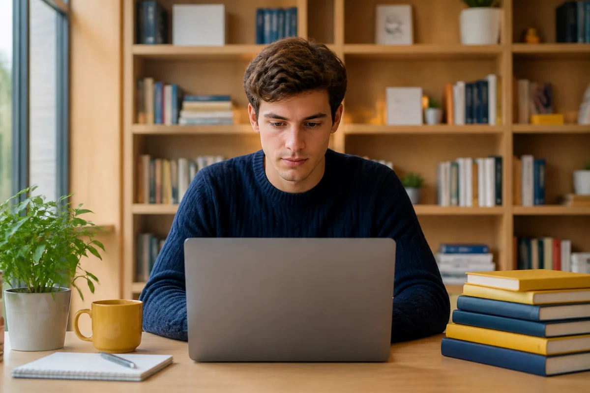 Étudiant serein travaillant sur son ordinateur dans une bibliothèque moderne pour illustrer la gestion du burnout étudiant.