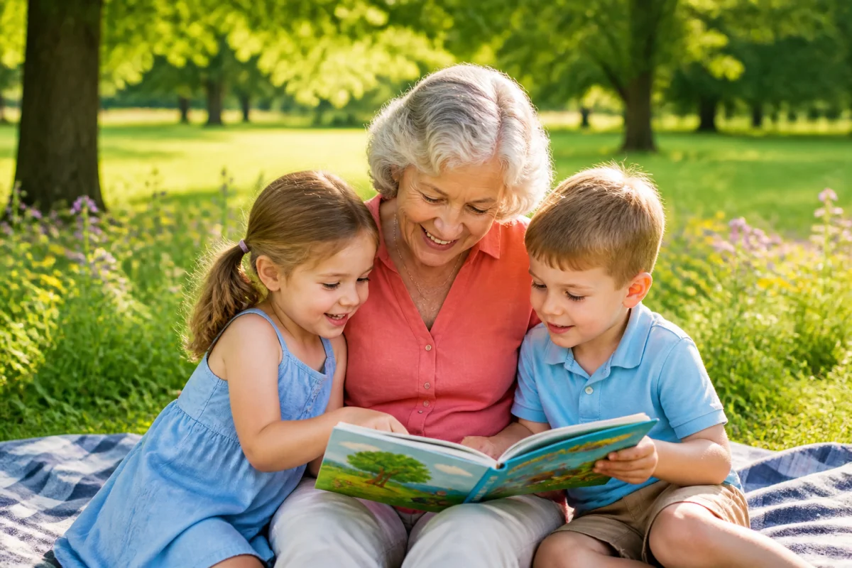 Une grand-mère souriante partage un moment de lecture complice avec ses deux petits-enfants dans un parc ensoleillé.