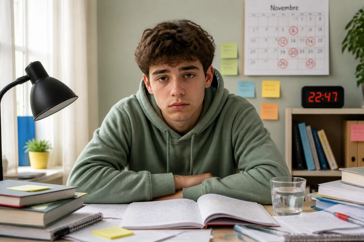 Adolescent épuisé face à un bureau encombré de devoirs, illustrant les signes du burn out scolaire