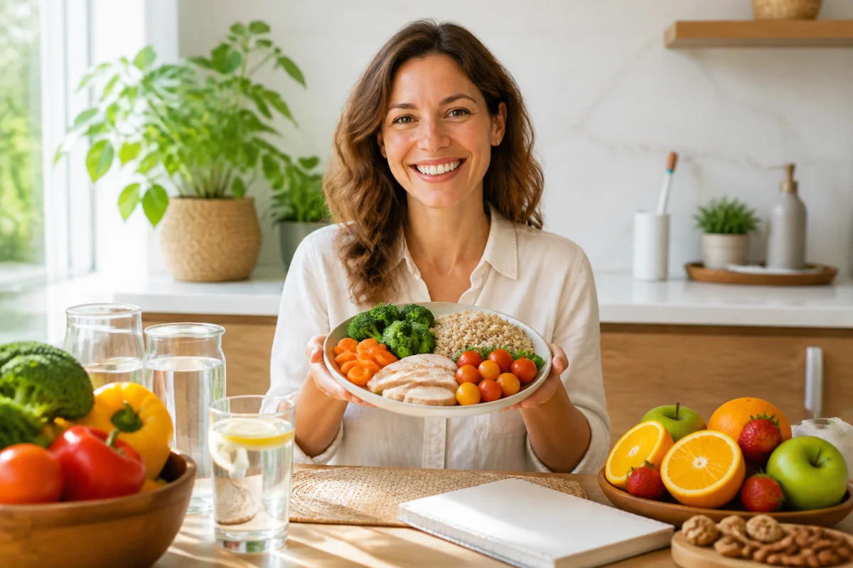 Adulte souriante présentant une assiette équilibrée de fruits, légumes et protéines dans une cuisine lumineuse dédiée à la prévention santé