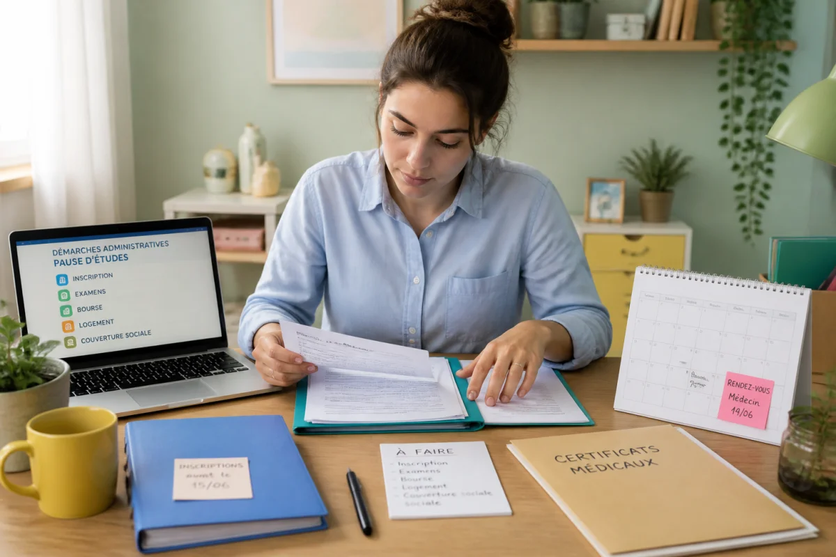 Étudiant préparant calmement une pause d’études liée à la dépression, avec documents administratifs et ordinateur portable ouverts sur le bureau