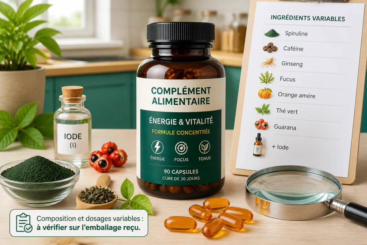 Analyse visuelle d’un complément alimentaire Indiva System avec capsules, ingrédients botaniques et fiche de vérification médicale