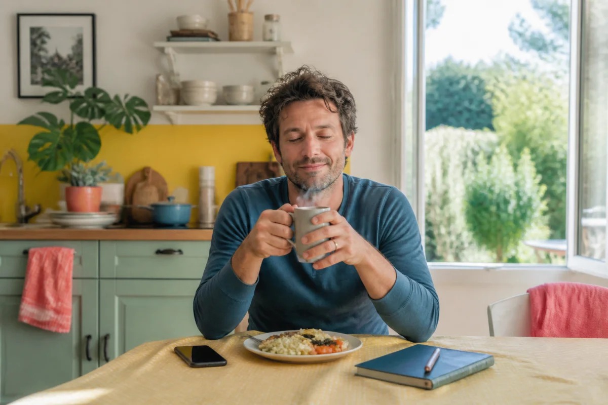 Parent épuisé prenant une pause avec une tasse chaude dans une cuisine familiale lumineuse, sans culpabilité