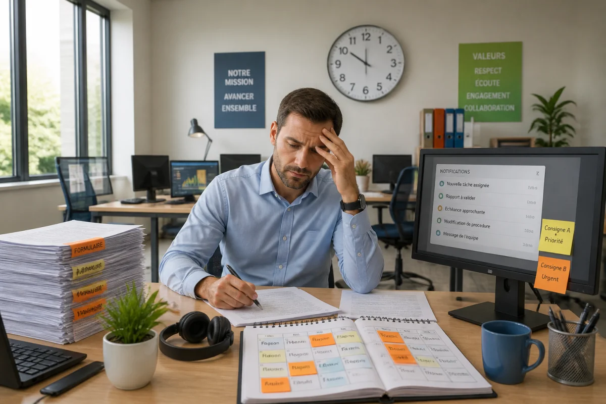 Employé préoccupé devant des tâches répétitives et des consignes contradictoires, illustrant le mal-être au travail