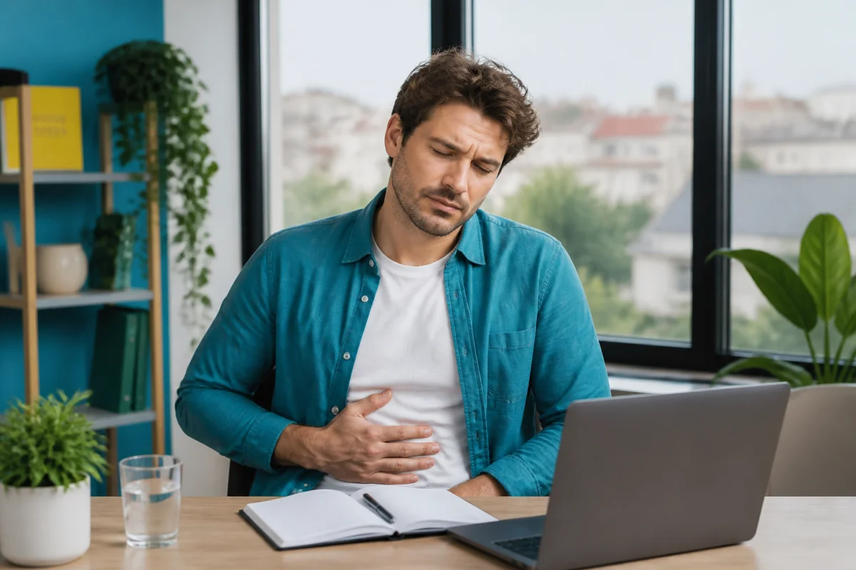 Personne fatiguée au bureau, main sur l’abdomen, illustrant les signes du mal-être au travail et des troubles digestifs