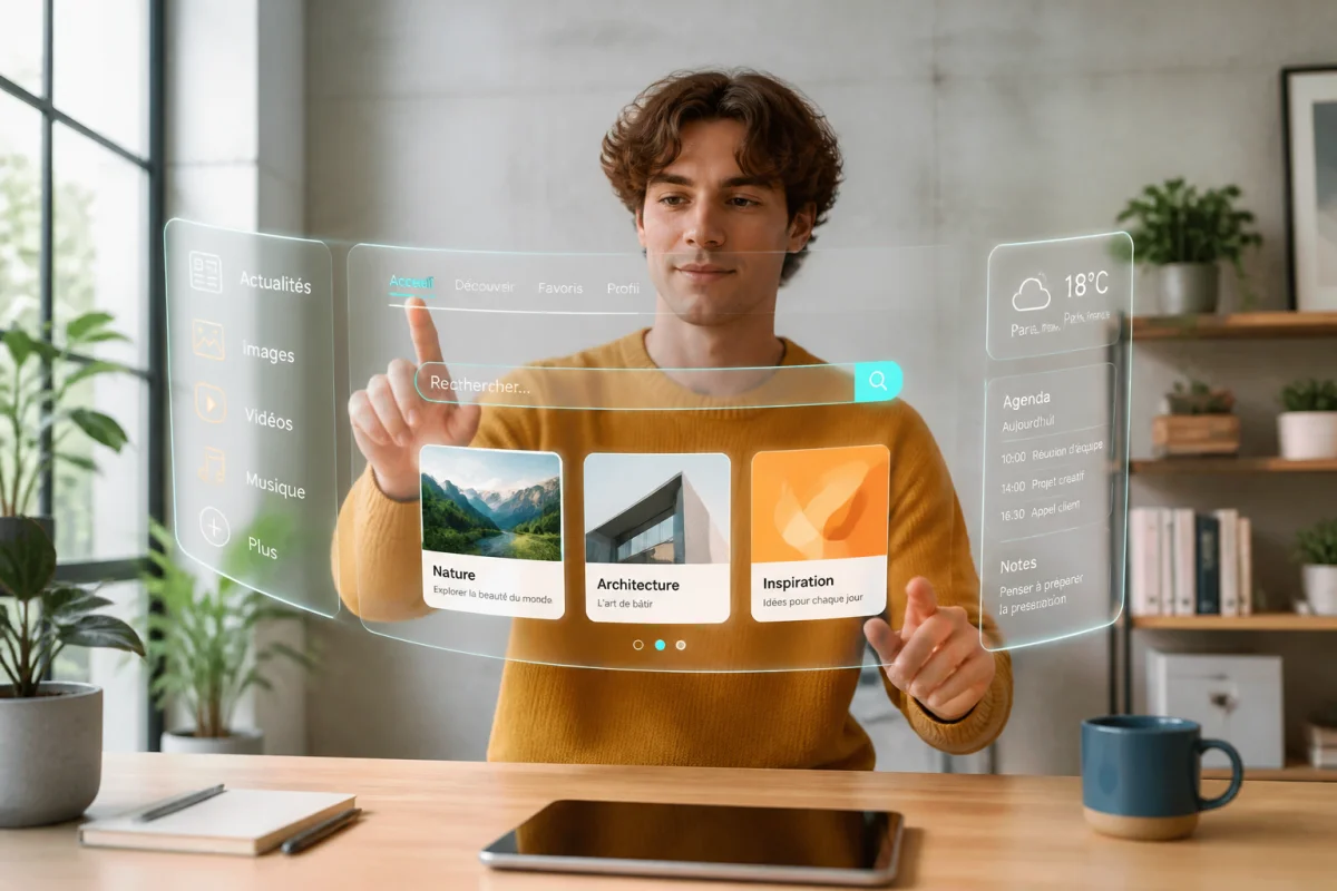 Jeune utilisateur interagissant avec une interface holographique intuitive dans un bureau moderne pour naviguer sur santologie.fr.