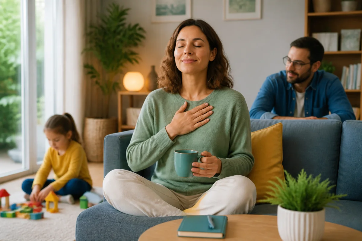 Mère sereine se reposant chez elle, entourée de son enfant et d’un proche, illustrant la prévention du burn out maternel